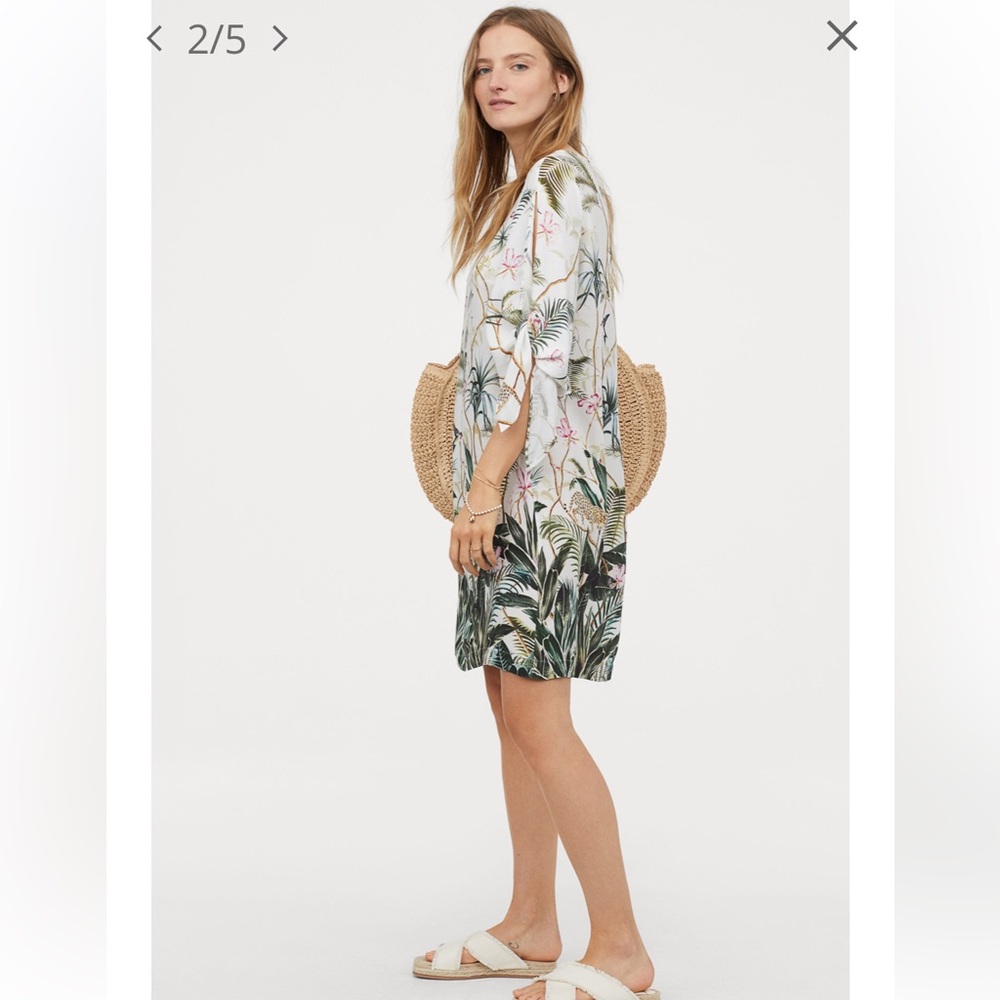 H&M Tropical jungle print loose fit viscose shift dress with tie sleeves size 14